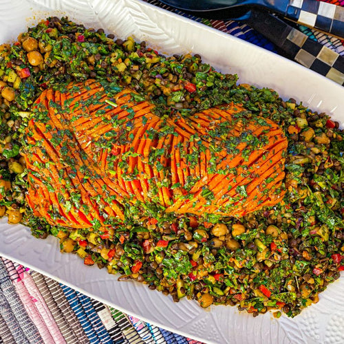 Hassleback Butternut Squash, Lentil and Chickpea Salad with a Chimichurri Dressing